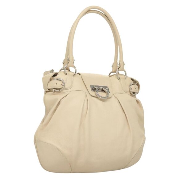 Salvatore Ferragamo Gancini Hand Bag Leather Ivory Silver Auth 132891 - Picture 1 of 16
